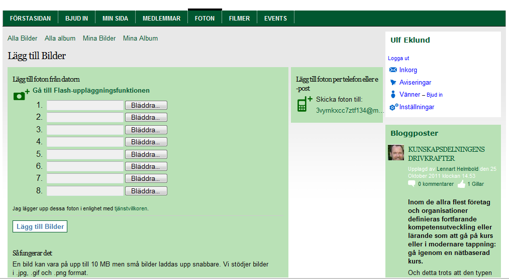 Här laddar du upp bilder via hemsidan Notera att det framgår vilka bildformat som
