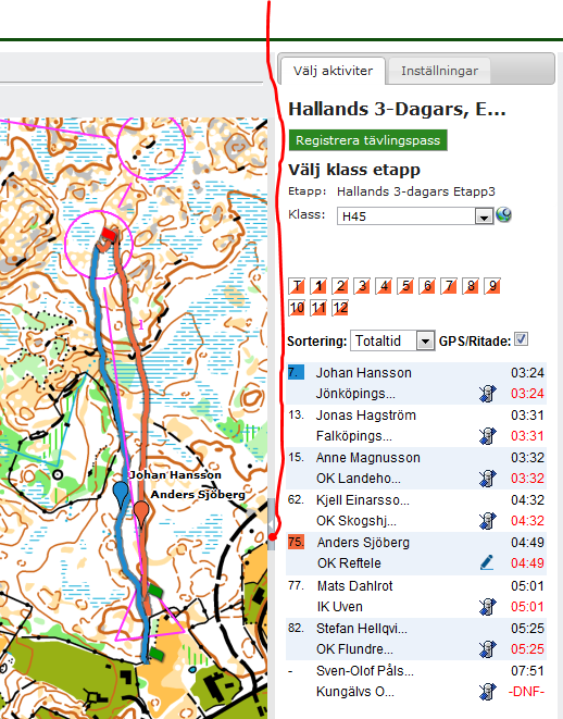 Kartspelaren Kartspelaren består av ett kartfönster till vänster och två flikar till höger om kartfönstret. I den ena fliken finns resultatlistan. Där kan du välja de löpare du vill visa.