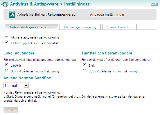 Aktivera automatisk genomsökning Genom att markera/avmarkera det här alternativet avbryts eller startar den automatiska genomsökningen.