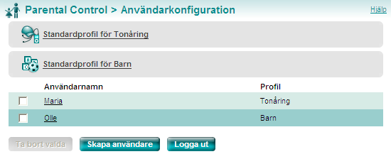 Parental Control Användarkonfiguration Användarkonfiguration Skapa användare och tilldela användarprofiler.