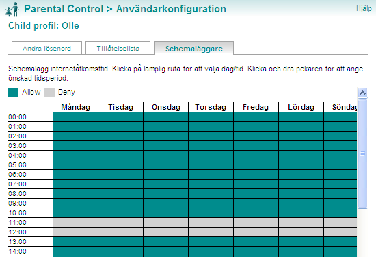 Parental Control Loggvisning 1. För att spärra Internetåtkomsten för en viss tid klickar du på den önskade tiden. 2.