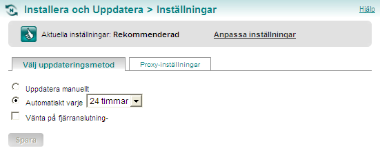 Installera och uppdatera Inställningar Uppdatera alla produkter Det erbjuds ofta uppdateringar för virusdefinitionerna och programfilerna. Uppdateringarna görs via Internet eller ett internt nätverk.