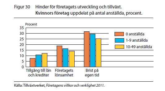 Tillgång till lån och krediter, ett större hinder för kvinnors företag med anställda Figur 30 nedan beskriver närmare tillgång till lån och krediter, företagets lönsamhet och brist på egen tid som