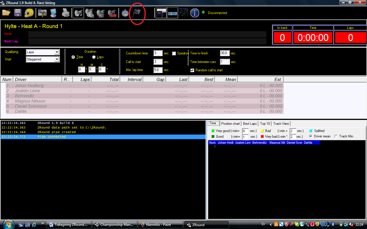 Start av tidtagning Kontrollera att Duration är 5 minuter Countdown time 3 sec Min lap time är ok.