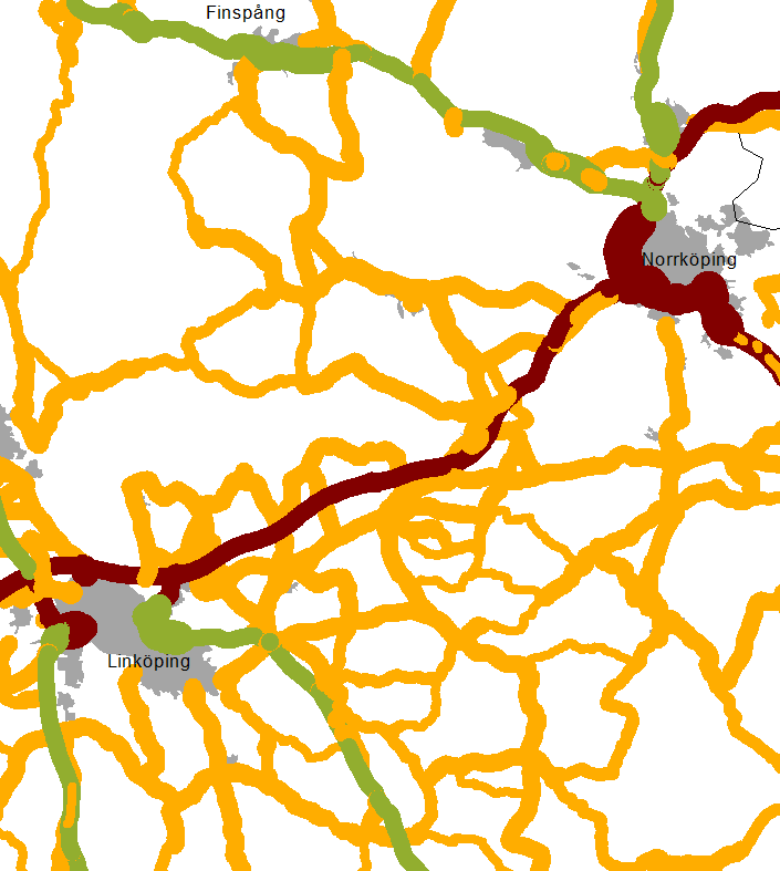 Figur 11.3 och 11.4 ger information som motsvarar de båda första figurerna men för den tunga trafiken.