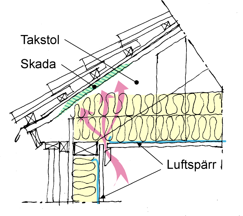 Fuktskador av luftläckage Otät luftspärr mellan tak och vägg gav fuktskada i nybyggd villa Rimfrost i fuktskadat tak. Isolering med lösull.