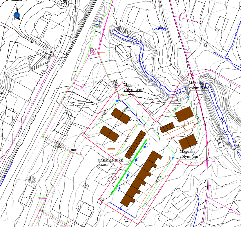 Figur 3.1. Skiss som visar föreslagen utformning av makadamdike med geotextil och dränledning 3.2.2 Delområdet B Flödesökning mot befintligt förhållande (Tabell 3.