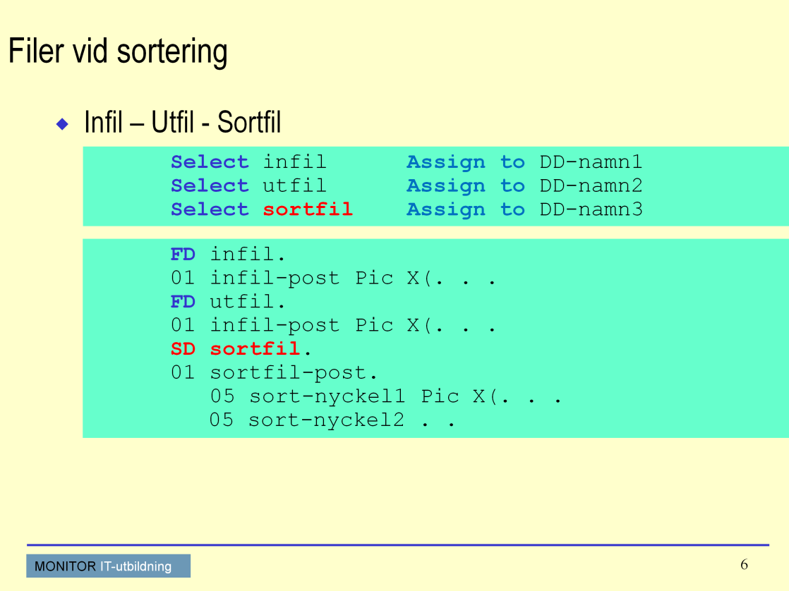 Sortering Programmets infil och utfil beskrivs på vanligt sätt med Select- och FD-uttryck.