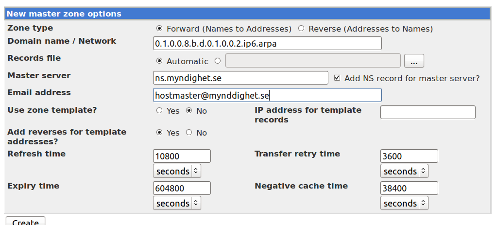 2. Skapa sedan filen 0.1.0.0.8.b.d.0.1.0.0.2.ip6.arpa @ IN SOA ns.myndighet.se. hostmaster.myndighet.se. ( 2011060202 1800 7200 2678400 3600 ) NS ns1.myndighet.se. NS ns2.myndighet.se. 3. För att skapa ett PTR RR för 2001:db8:10:10::2, lägg till 2.