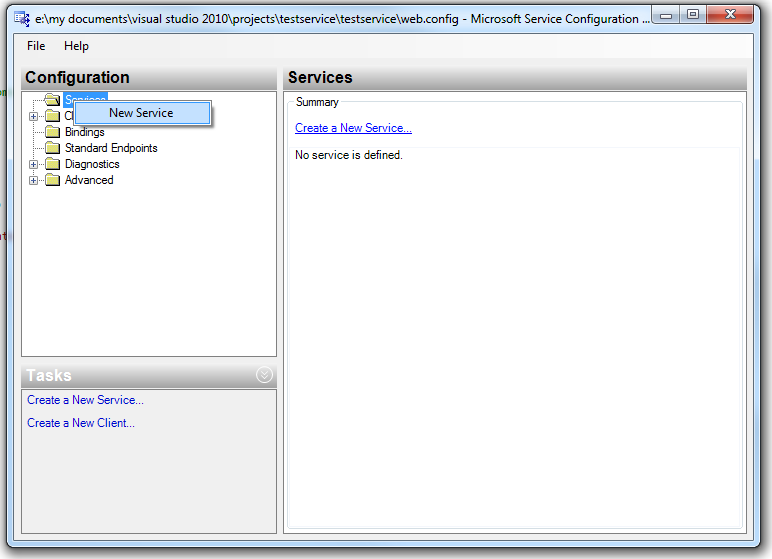 Figur 15, WCF Service Configuration Editor. I Figur 15 ses hur WCF Service Configuration Editor ser ut när man öppnar en helt okonfigurerad tjänst.