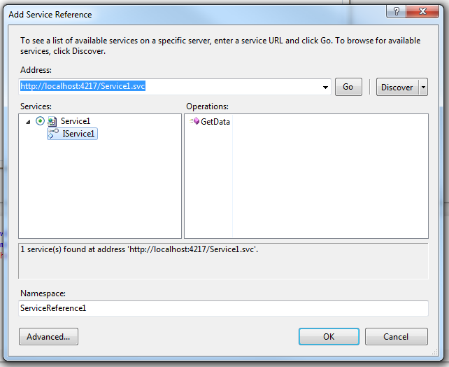 Figur 17, Hur man lägger till en Service Reference i Visual Studio 2010 I Figur 17 ses hur den tjänst som tidigare skapats kan hittas.