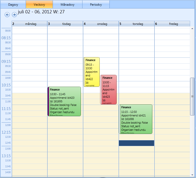 6.2.5 BookingCalendar Figur 42, Kalenderkomponenten i BookingCalendar samt visning av bokningar. BookingCalendar-klassen innehåller en kalenderkomponent från biblioteket DotNetBar.