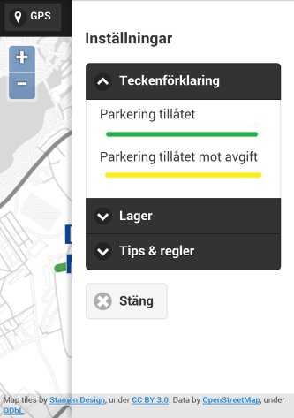 Som baskarta används en designad (stamer) Open Street Map (OSM). Det går att välja mellan Stamer (gråaktig karta) och vanliga OSM. Det går att slå av och slå på parkeringsskyltarna.