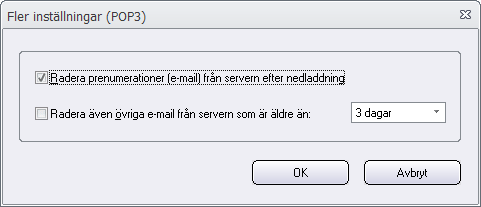 22 4.32 SamLogic MultiMailer - Hjälp Dialogrutan Fler POP3-inställningar (Registreringar) Dialogrutan Fler inställningar (POP3) Radera e-mail från server efter nedladdning Markera detta alternativ om