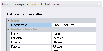 24 4.38 SamLogic MultiMailer - Hjälp Dialogrutan Import av registreringsmail - Fältnamn Dialogrutan Import av registreringsmail - Fältnamn I denna dialogruta kan du specificera fältnamn för fält i