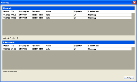Varning Programmet upplyser dig om det finns uthyrningsobjekt som skulle ha lämnats ut eller in men som är försenade 30 min eller mer. Dessa uthyrningsobjekt listas i två listor likt In/Ut.