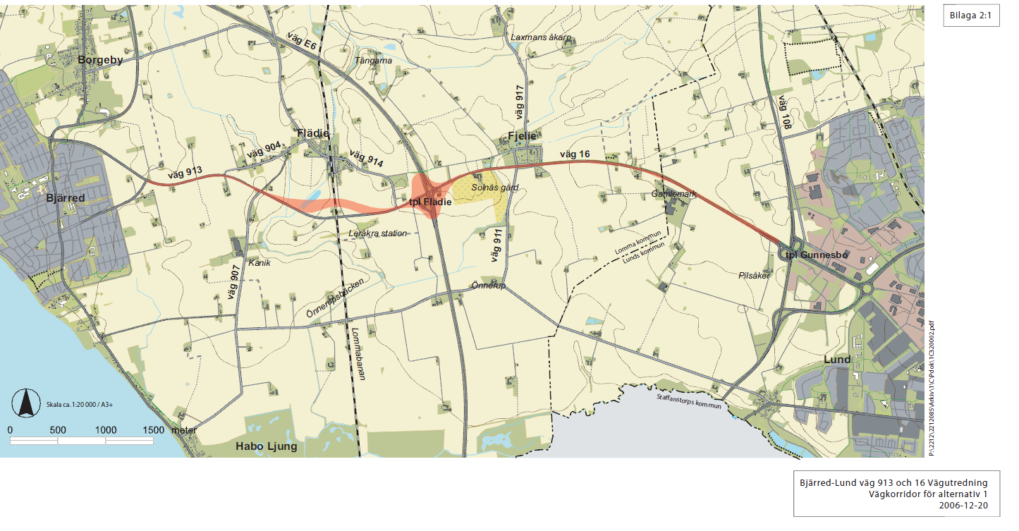 Figur 3 Karta alternativ 1. Alternativ 2. Ny sträckning av väg 16 väster om Fjelie förbi och öster om Fjelie sker utbyggnad i befintlig sträckning, trafikplats Flädie flyttas något norrut.