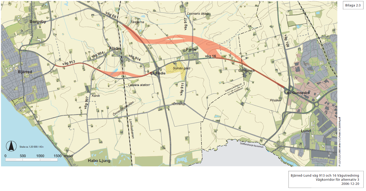 Figur 5 Karta alternativ 3. Vägverket Region Skåne beslutade om utbyggnad enligt alternativ ett. 2.2.3 Arbetsplan Upprättandet av arbetsplanen har föregåtts av samråd (se vidare 11 Samrådsredogörelse).