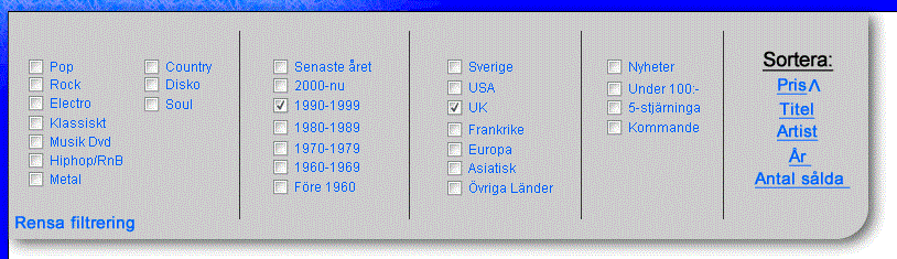 Onnoori Media: Slutrapport Sida 20 av 30 Sorteringskategorierna tillåter användaren att sortera urvalet på pris, titel, år, antal sålda samt kategori specifika val.