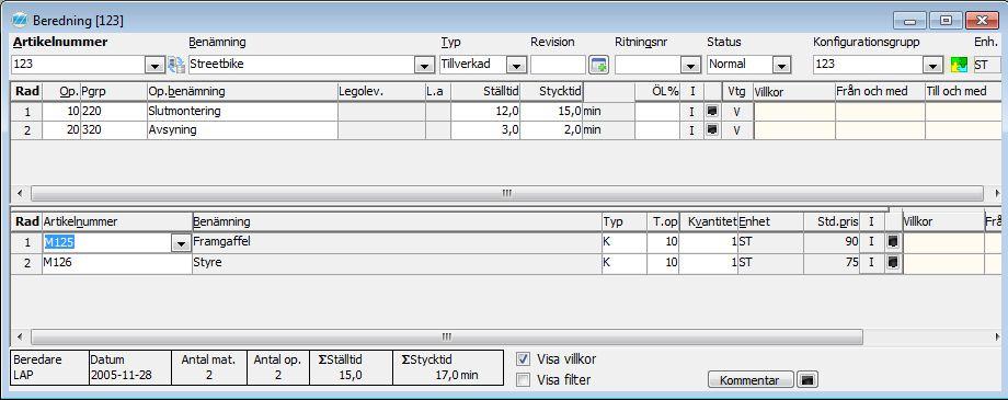 I samband med t.ex. orderregistrering, kalkylering, offerering, m.m., görs sedan val utifrån de alternativ och regler som upprättats i konfigurationsgruppen.