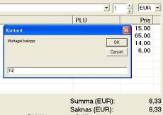 Summa med SEK som valuta Summa efter man bytt till EUR Klicka på betalsätt Kontant och slå in det belopp som kunden lämnar i