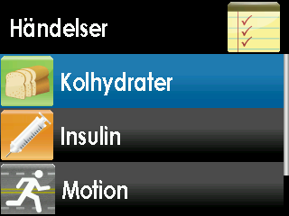 7.1.3 KOLHYDRATER Händelsen kolhydrater låter dig mata in den mängd kolhydrater du har konsumerat, upp till 250 gram. 1.