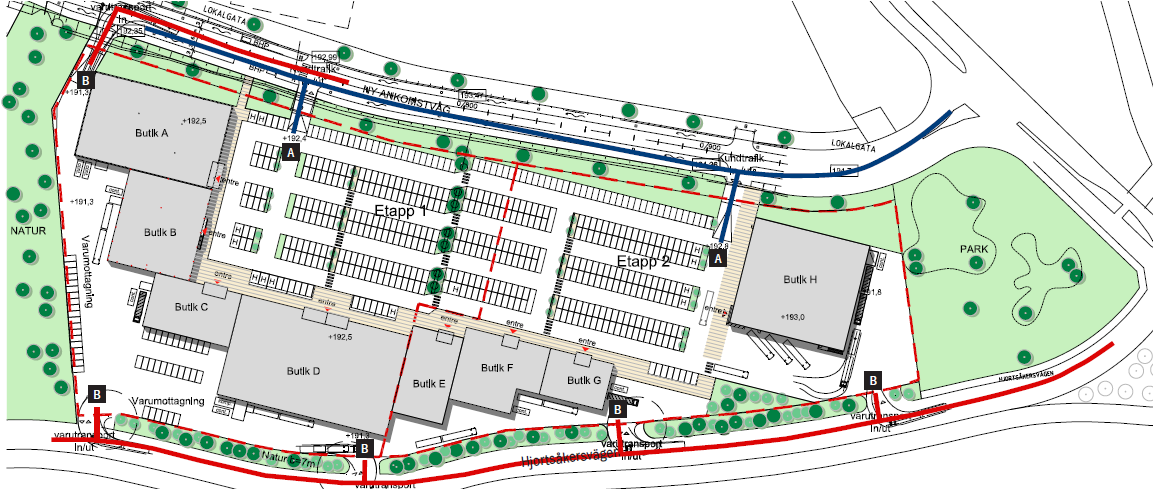 LOGISTIK LÄTTILLGÄNGLIGHET Idén bygger på att skapa ett lättöverskådligt handelsområde, inte minst för att det ska vara smidigt att leverera varor till butikerna, men också för att handelsplatsen ska