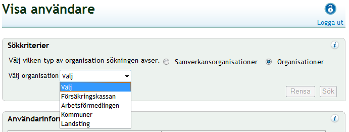 3.4.2 En organisations alla användare Sökning av uppgifter sker här i ett steg genom att välja organisation.