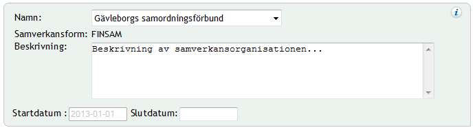 4.3 Basuppgifter I panelen för basuppgifter väljer du samverkansorganisation. Du kan endast registrera uppgifter i samverkansorganisationer där du har uppdrag som samverkansadministratör.