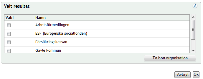 I panelen Sökresultat visas resultatet av din sökning. Här gör du ett urval av sökresultatet. 4. I kolumnen Vald markerar du rutor för önskade organisationer i listan. 5.