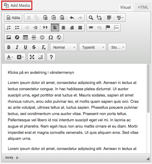 Nedan går vi igenom de vanligaste knapparna: Add Media används när man vill lägga in en bild i texten.