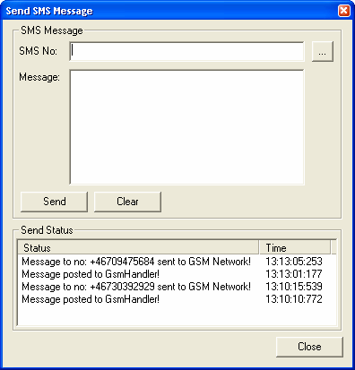 Skicka SMS I menyn options finns funktionen Send SMS. Med GSM modemet installerat kan SMS skickas och tas emot för programmering av ex. Safeline 2000GSM eller larmsändaren Smart-SMS.