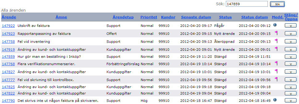 Sök registrerade ärenden I ärendeformulären Öppna ärenden, Stängda ärenden och Alla ärenden finns en sökfunktion där man kan ange ett sökord som jämförs med alla synliga fält i ärendelistan.