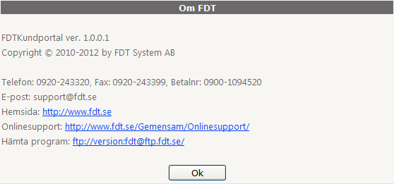 Kontakt I menyn under Kontakt kan man öppna FDT s hemsida, logga in på onlinesupport, hämta nya versioner och få kontaktuppgifter till FDT.