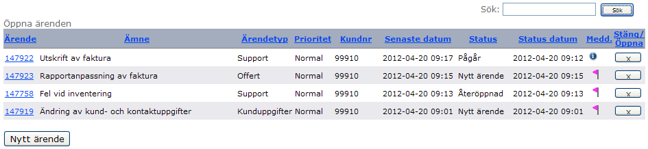 Ärenden Öppna ärenden Under menypunkten Ärenden kan man se öppna ärenden. För att öppna formuläret, välj Ärenden, Öppna ärenden.