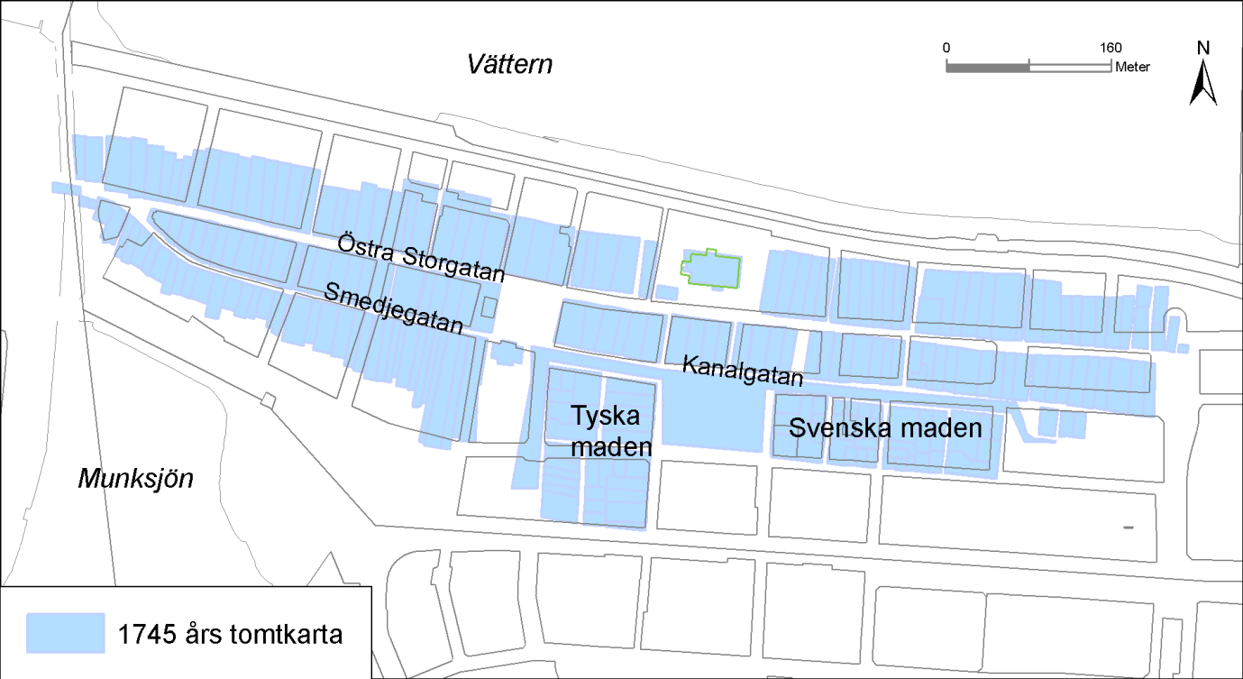 41 Figur 5. Moderna stadskarta samkopierad med Thomes karta från 1625. Observera sträckningen för strandlinjen 1625. Karta: författaren. Figur 6.