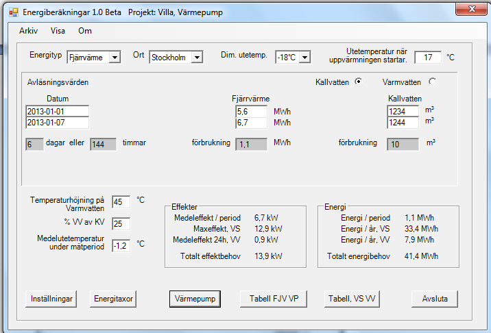 1. Allmänt om Energiberäkningar 1.0 Beta 1.1 Allmänt Energiberäkningar är ett program som beräknar det årliga energibehovet för en fastighet med hjälp av en korttidsmätning.