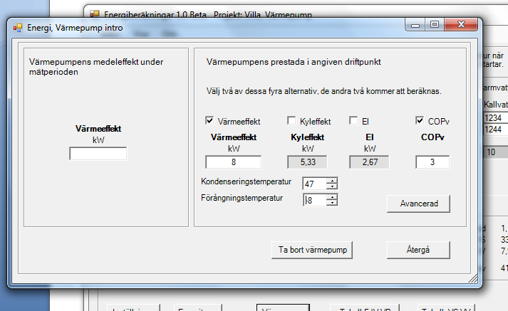 2.3 Värmepump, Intro Programmet kan beräkna olika värmepumpssystem. Om en värmepump har varit i drift under mätperioden skall den medeleffekten anges i den vänstra delen av formuläret Värmepump intro.