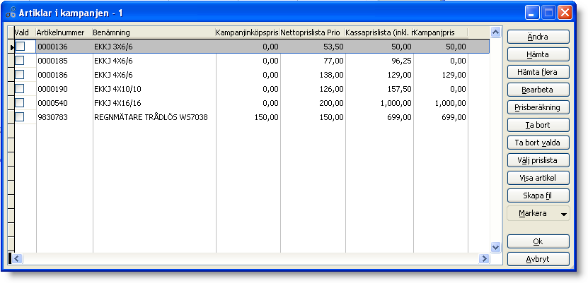 Artiklar i kampanjen. När du klickar på knappen Artiklar, visas alla artiklar sm ingår i den markerade kampanjen. Nedan förklaras de lika funktinerna. Ändra.
