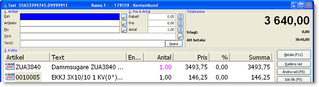 Registrering av kvitt Vid registrering av rader i kvittt kan sökning ske via fälten Ean, Artikelnr, Plu eller Text.