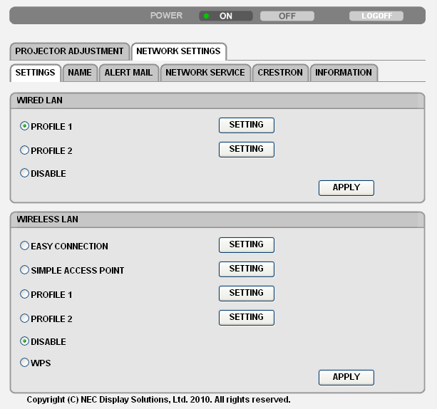 3. Behändiga funktioner NETWORK SETTINGS SETTINGS WIRED eller WIRELESS SETTING APPLY DHCP ON DHCP OFF IP ADDRESS SUBNET MASK GATEWAY WINS AUTO DNS ON AUTO DNS OFF Ställ in för trådbundet eller