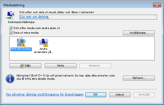 4. Använda bildvisaren 3. Markera kryssrutan Dela ut mina media och välj sedan OK. En lista över enheter med åtkomst visas. 4. Välj P420 Series och sedan Tillåt.
