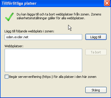 Klicka på Stäng och därefter OK. Om du använder Exder utan kryptering (rekommenderas inte!