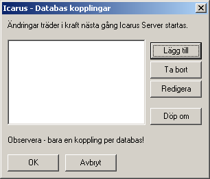 I menyn välj - verktyg - redigera databas användare. Klicka p lägg till, välj windows användare och mata in den användare som skall kunna an vända Icarus DB (t.ex. \\SQLSERVERDATOR\ username.