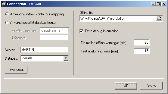 Menyval - Inställningar Databaskoppling för Icarus Server Inställningar för hur Icarus Server kommunicerar med SQL databas servern.