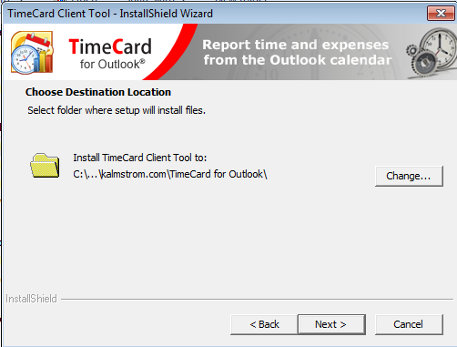 Om du inte väljer en annan map installeras TimeCard Client Tool i Programfiler /kalmstrom.com/timecard for Outlook.