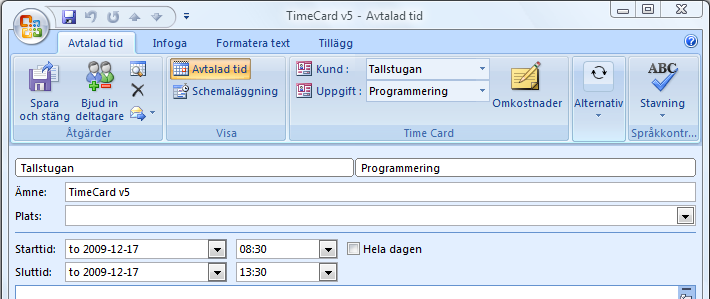 6.1.5 META DATA I ÄMNESRADEN Under Tidsmanipulation i Personal Settings finns också en ruta som du kryssar i om du vill att TimeCard-värdena ska skrivas in på mötets ämnesrad.