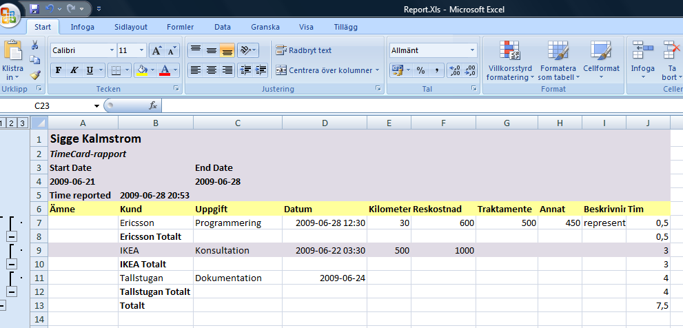 7.5.1 ANPASSNING AV EXCEL-MALLEN Excel-mallen kan anpassas enligt varje användares önskemål och behov. När data har exporterats till Excel, gör förändringarna och spara dem.