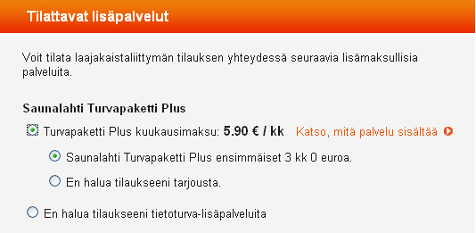 3. Välj enligt tillgängligheten en sådan hastighet som passar dig bäst. Observera att Saunalahti inte skickar någon separat räkning på tjänsten om du registrerar bashastigheten på 10 M.