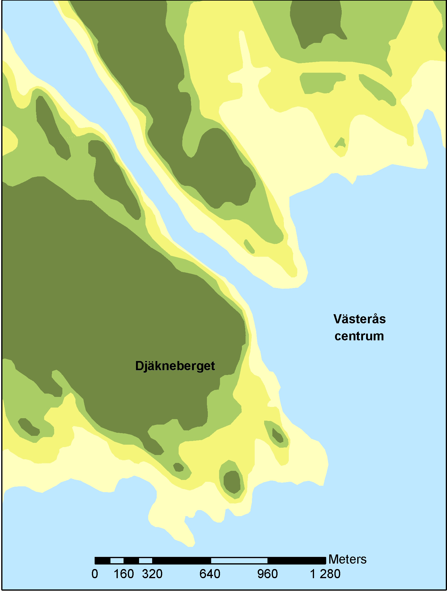 Vallby Hammarby Figur 3. Strandlinjeförskjutningen från 30 m ö.h. (mörkgrönt), över 25 m ö.h. (mellangrönt) resp. 20 m ö.h. (ljusgrönt) ned till 15 m ö.h. (ljusgult).